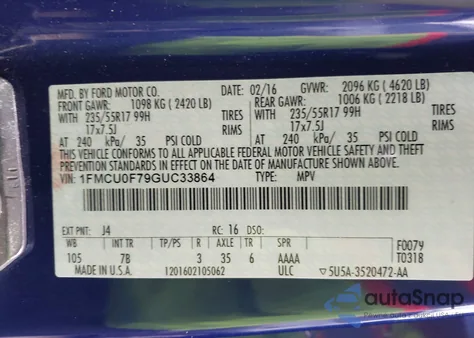 2016 Ford Escape S z USA, uszkodzony, nr VIN 1FMCU0F79GUC33864